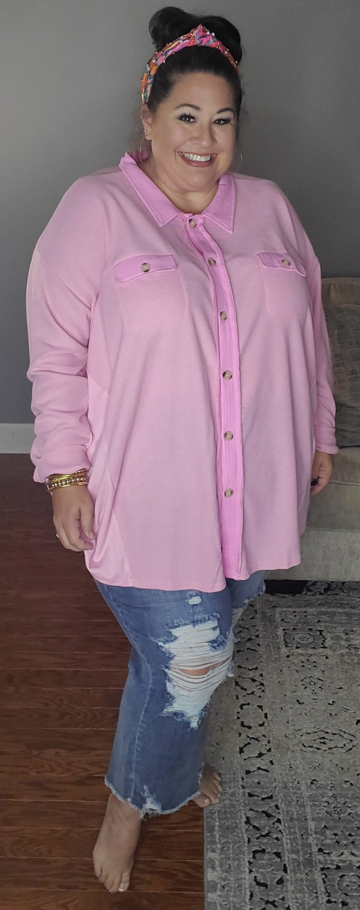 Pink Plus Size Waffle Knit Exposed Seam Shirt - Pink / 2X /  95%Polyester+5%Elastane
