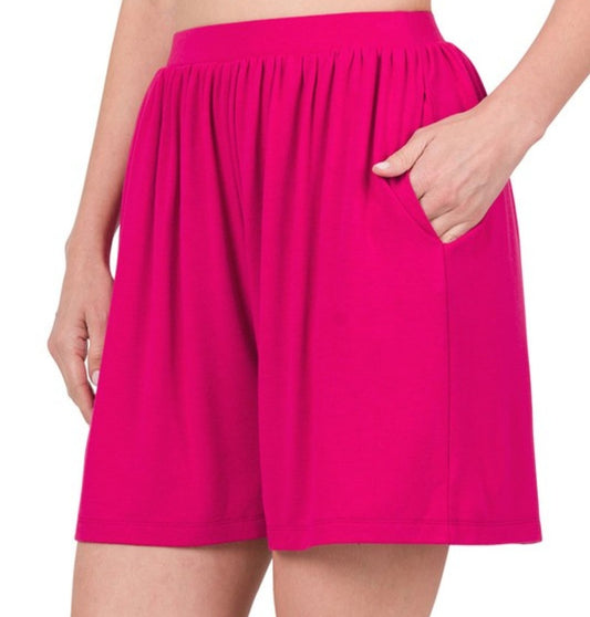 BASIC ESSENTIAL ELASTIC WAIST SHORTS WITH MAGENTA