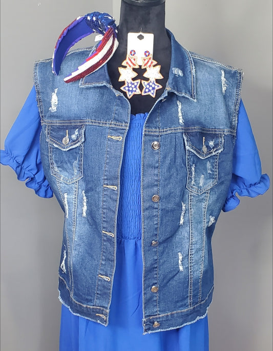 EDGY DISTRESSED DENIM VEST-SIZE UP ALERT